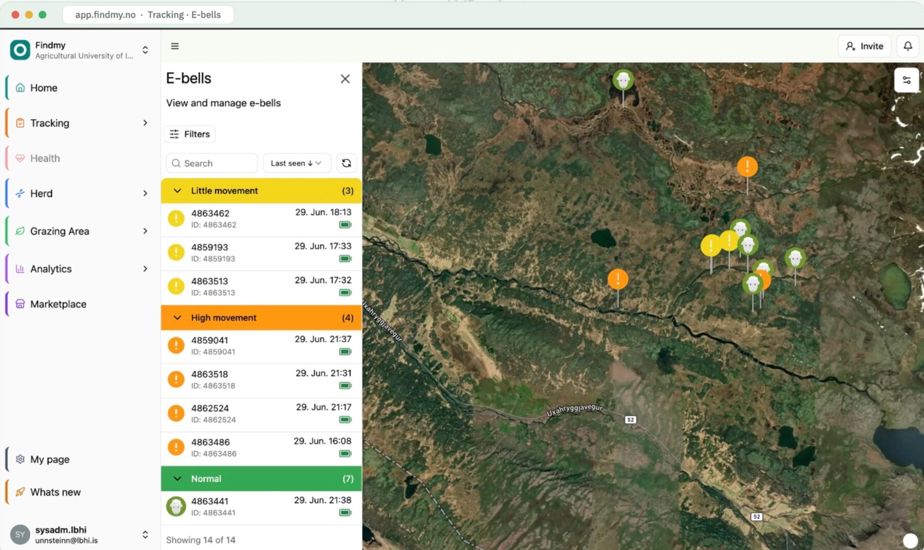 Vista de mapa con e-campanas agrupadas por movimiento